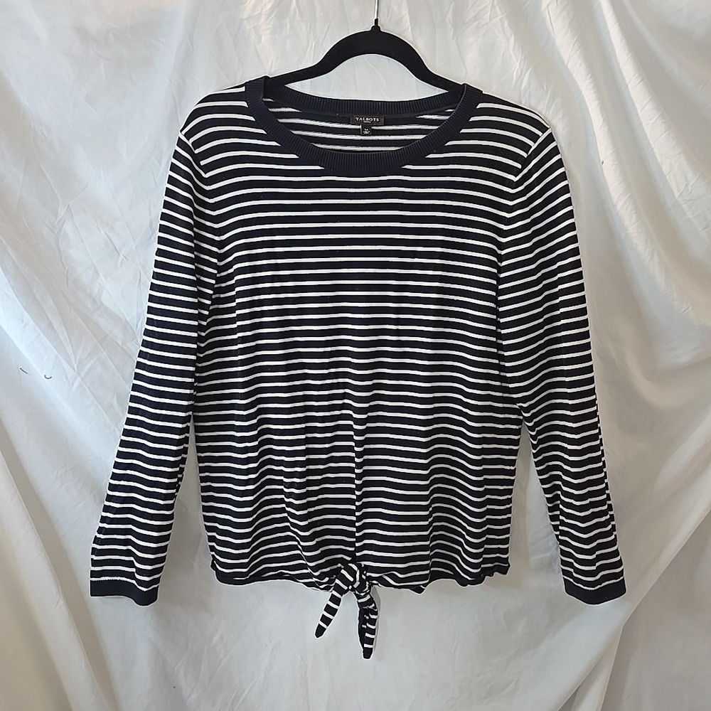 Talbots Women's Navy Blue White Stripe Long Sleeve Pullover Shirt Tie Front Sz L